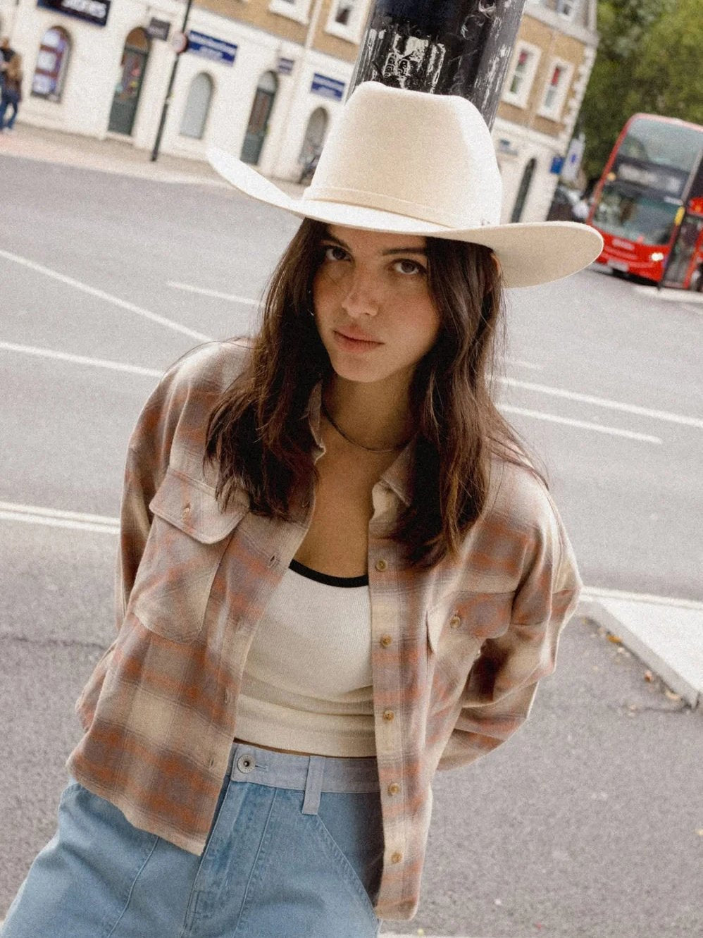 BRIXTON BOWERY CROP OVERSHIRT SOFT TAN WINDOW PLAID 