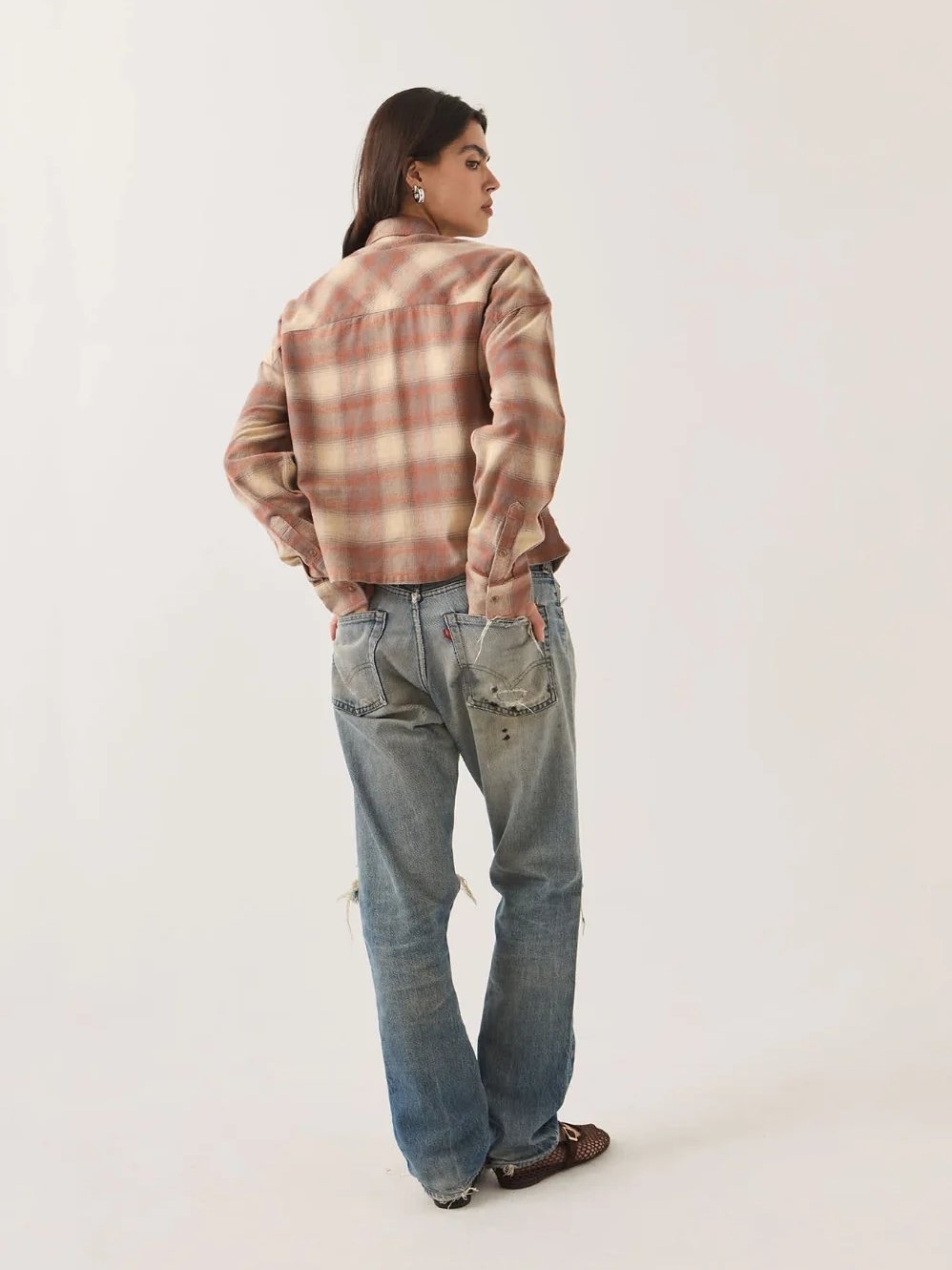 BRIXTON BOWERY CROP OVERSHIRT SOFT TAN WINDOW PLAID 