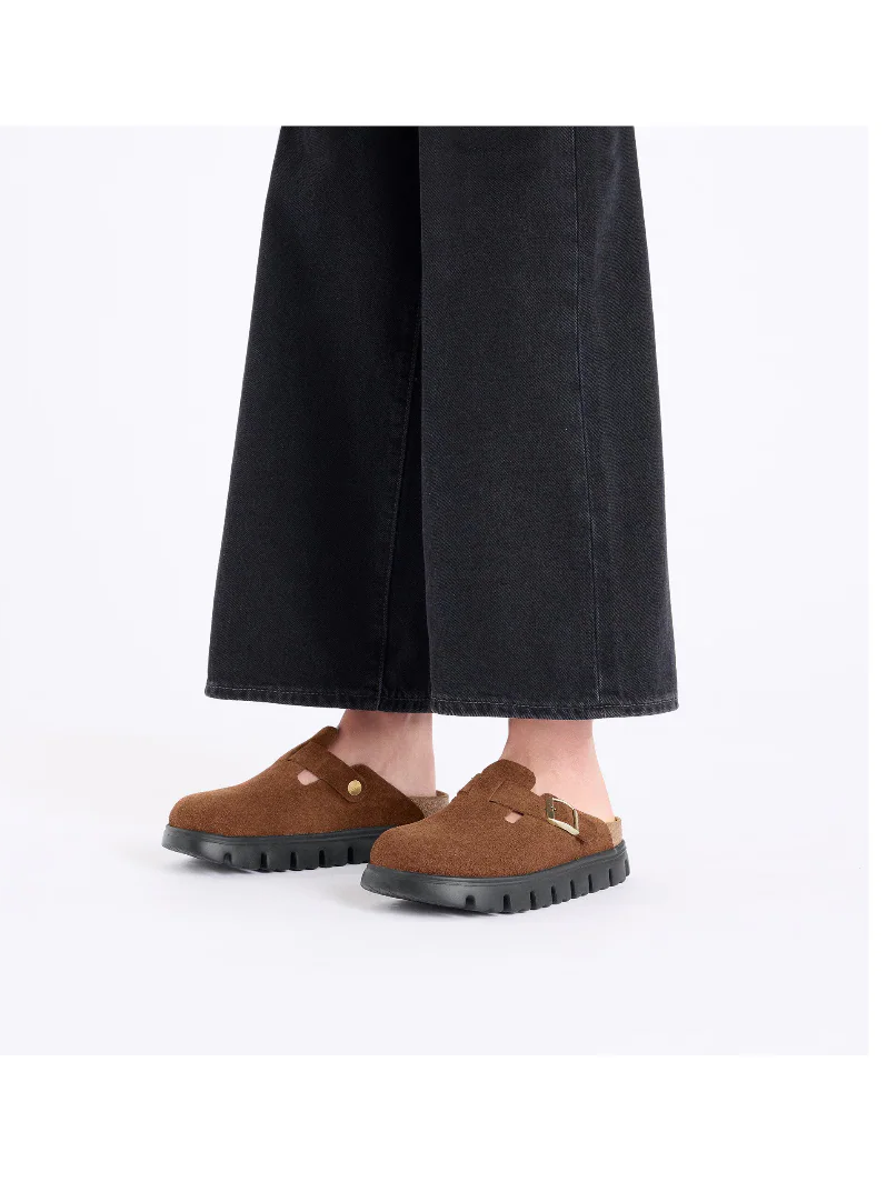 BIRKENSTOCK BOSTON CHUNKY SUEDE LEATHER CLOG DARK TEA/BLACK