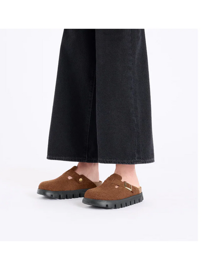 BIRKENSTOCK BOSTON CHUNKY SUEDE LEATHER CLOG DARK TEA/BLACK