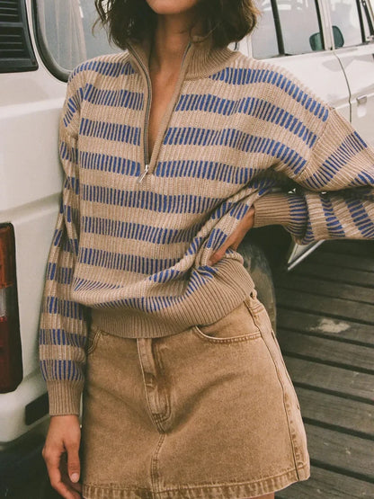 RHYTHM ESTELLE QUARTER ZIP STRIPED KNIT COBALT