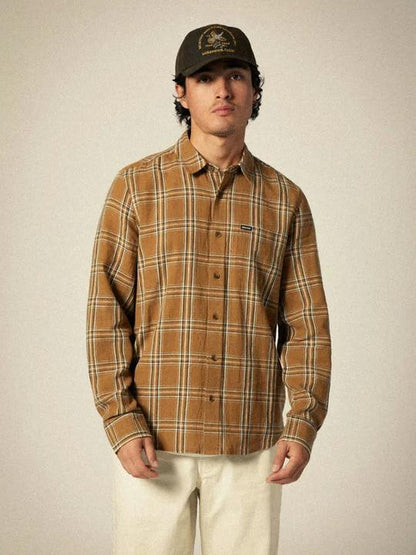 BRIXTON CHARTER LINEN BLEND L/S WOVEN WASHED COPPER/WHITECAP PLAID 