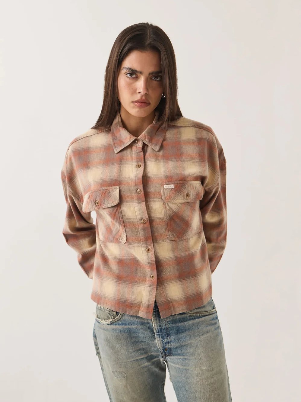 BRIXTON BOWERY CROP OVERSHIRT SOFT TAN WINDOW PLAID 