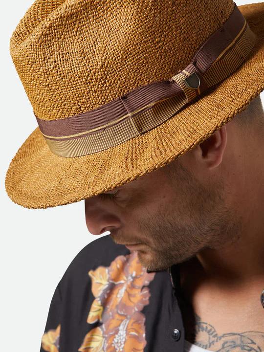 BRIXTON ROMA STRAW FEDORA COFFEE