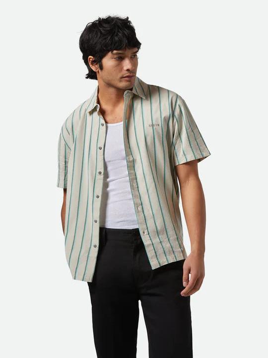 BRIXTON CRU STRIPE S/S WOVEN BEIGE/PINE NEEDLE/AQUATIC GREEN