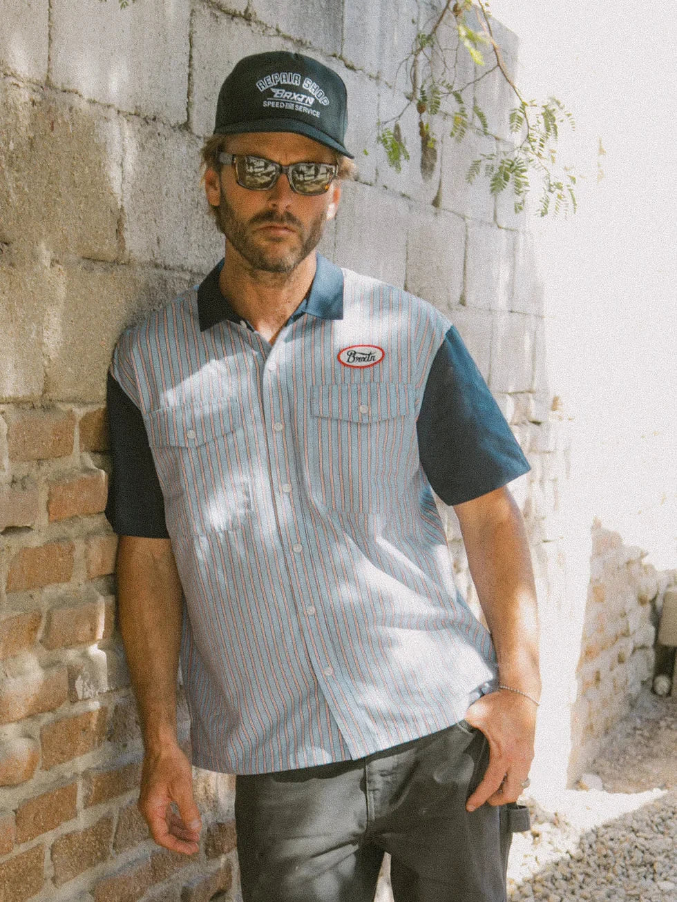 BRIXTON BUILDERS OLSON SHORT SLEEVE SHIRT BLUE STRIPE 