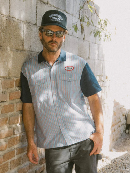 BRIXTON BUILDERS OLSON SHORT SLEEVE SHIRT BLUE STRIPE 