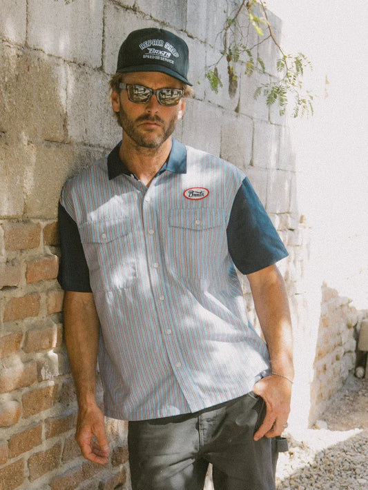 BRIXTON BUILDERS OLSON SHORT SLEEVE SHIRT BLUE STRIPE 