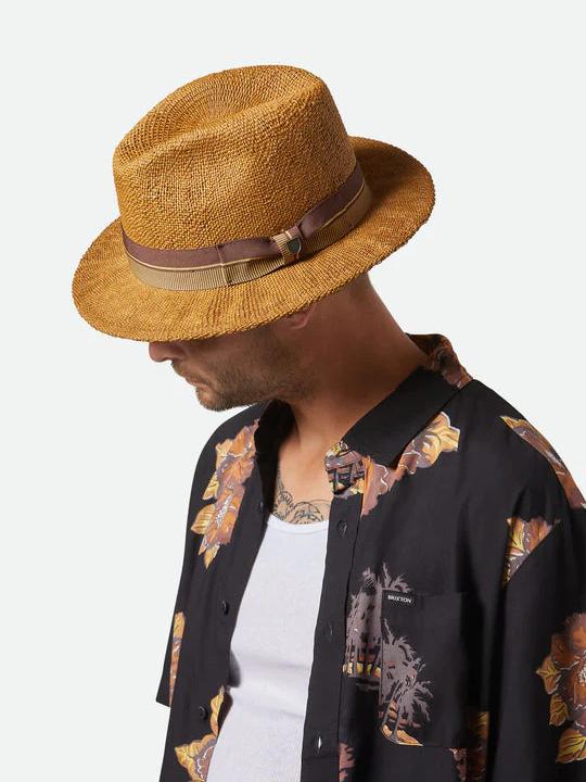 BRIXTON ROMA STRAW FEDORA COFFEE