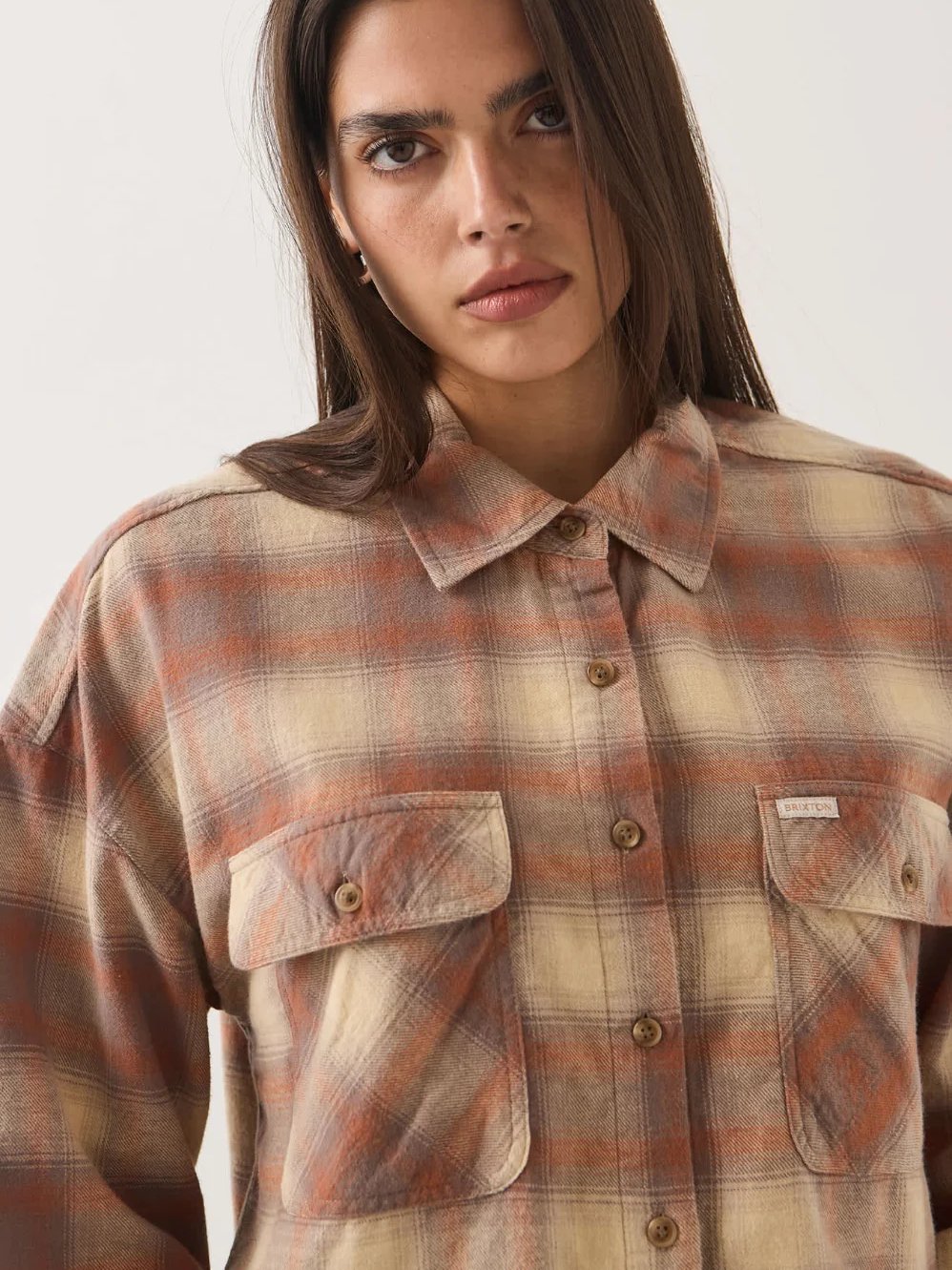 BRIXTON BOWERY CROP OVERSHIRT SOFT TAN WINDOW PLAID 