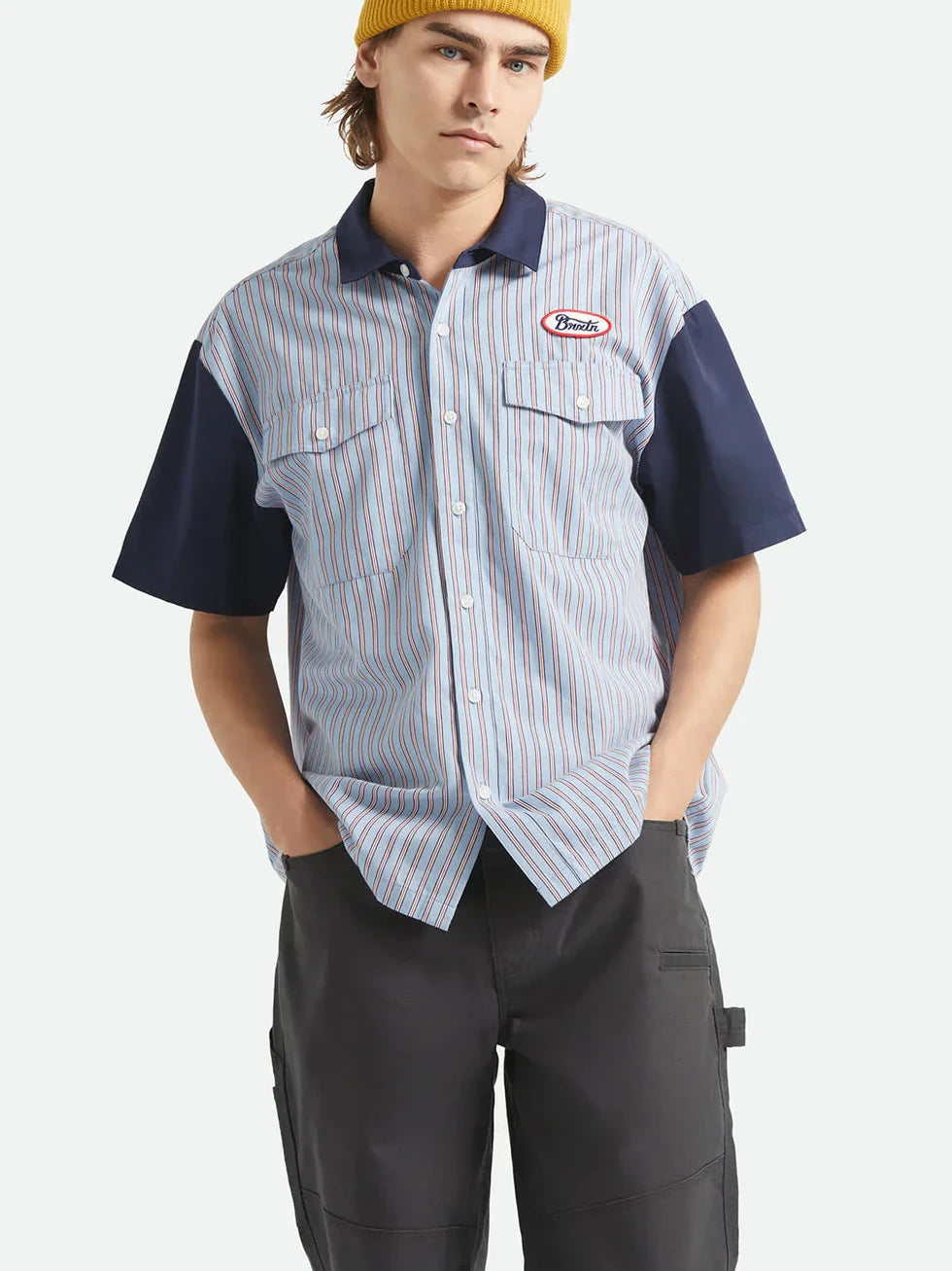 BRIXTON BUILDERS OLSON SHORT SLEEVE SHIRT BLUE STRIPE 