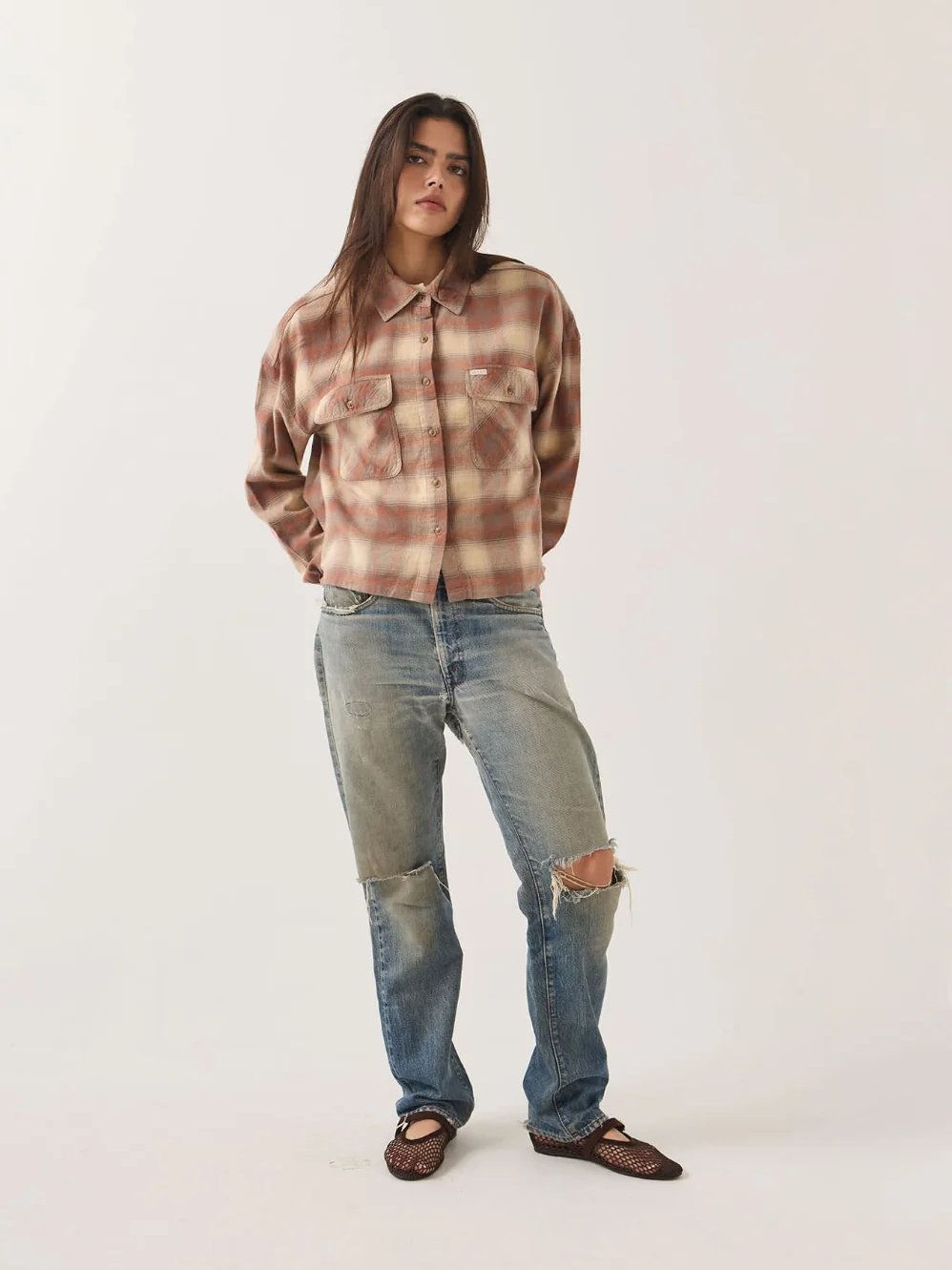 BRIXTON BOWERY CROP OVERSHIRT SOFT TAN WINDOW PLAID 