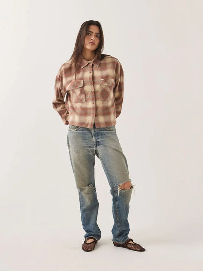 BRIXTON BOWERY CROP OVERSHIRT SOFT TAN WINDOW PLAID 