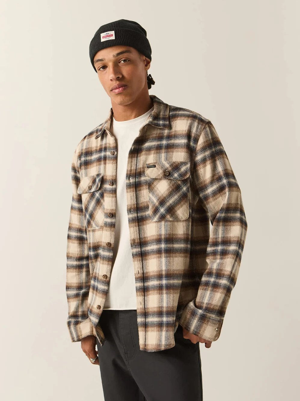 BRIXTON BOWERY FLANNEL SOFT BROWN PLAID 
