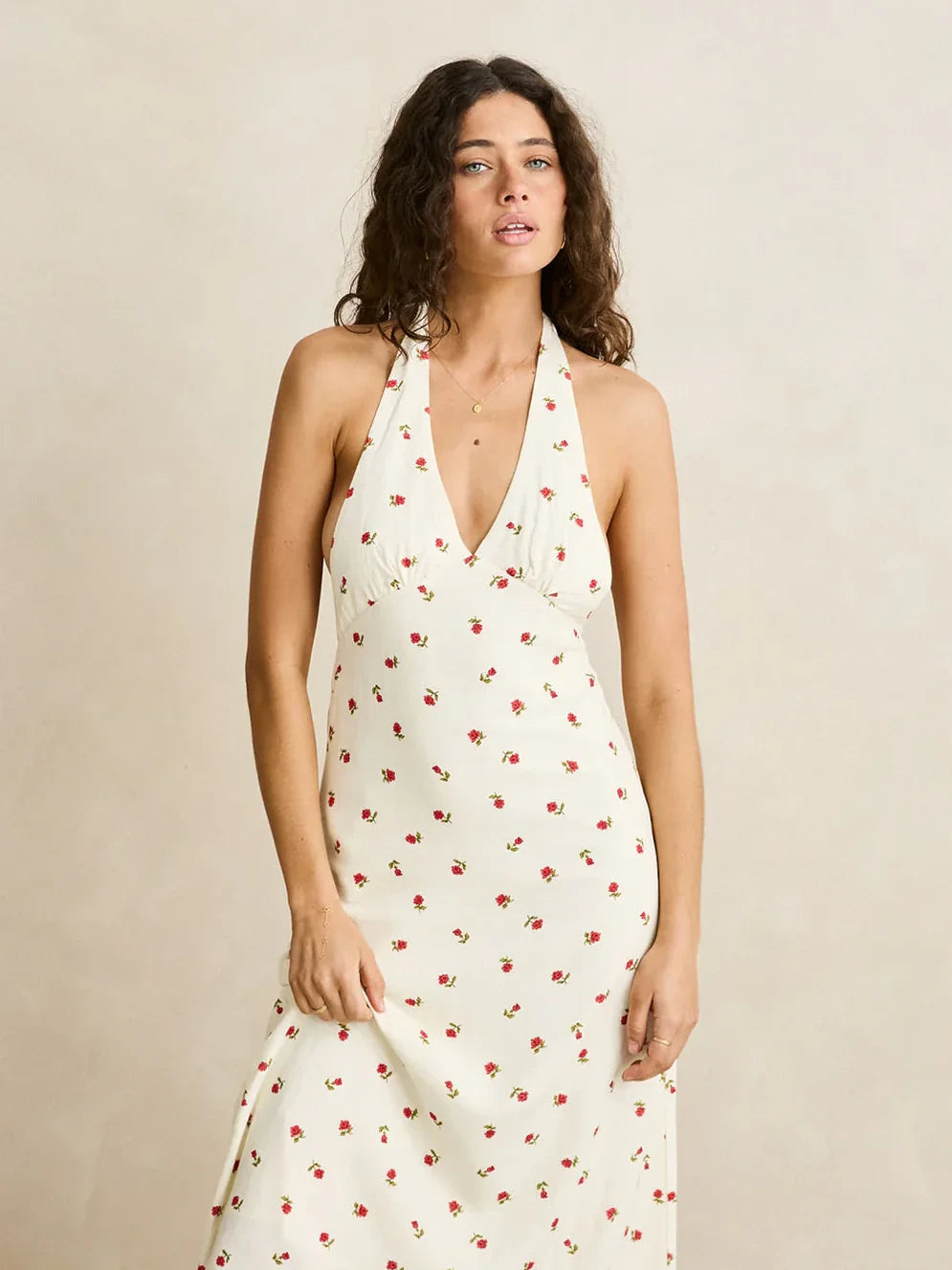 RHYTHM MILA FLORAL HALTER NECK MAXI DRESS CREAM 