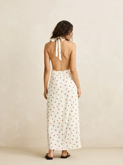 RHYTHM MILA FLORAL HALTER NECK MAXI DRESS CREAM 