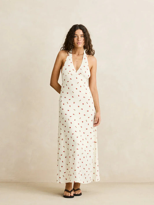 RHYTHM MILA FLORAL HALTER NECK MAXI DRESS CREAM 