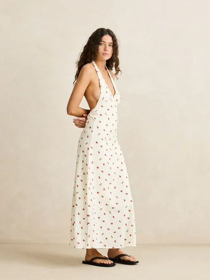 RHYTHM MILA FLORAL HALTER NECK MAXI DRESS CREAM 