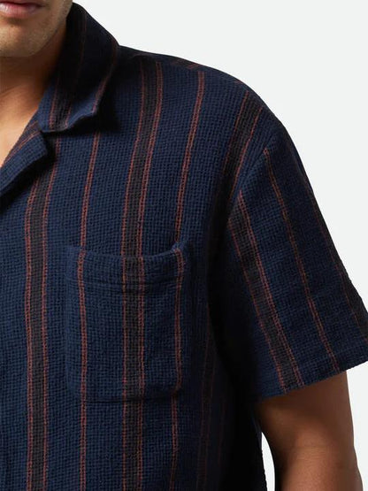 BRIXTON BUNKER WAFFLE STRIPE S/S WOVEN WASHED NAVY