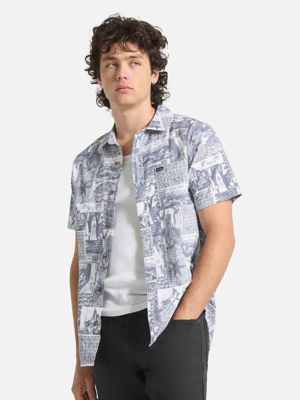 BRIXTON CHARTER PRINT SHORT SLEEVE SHIRT NAVY/WHITE COLLAGE