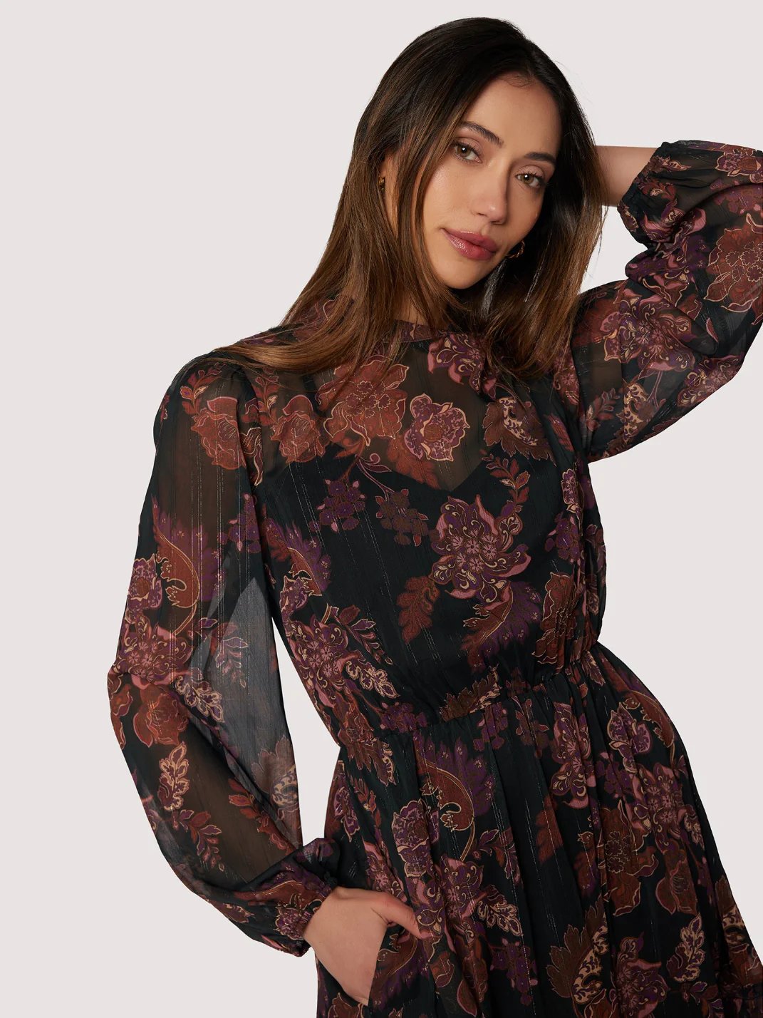 LOST + WANDER WHISPERS OF BOHEMIA MAXI DRESS BLACK PLUM FLORAL 