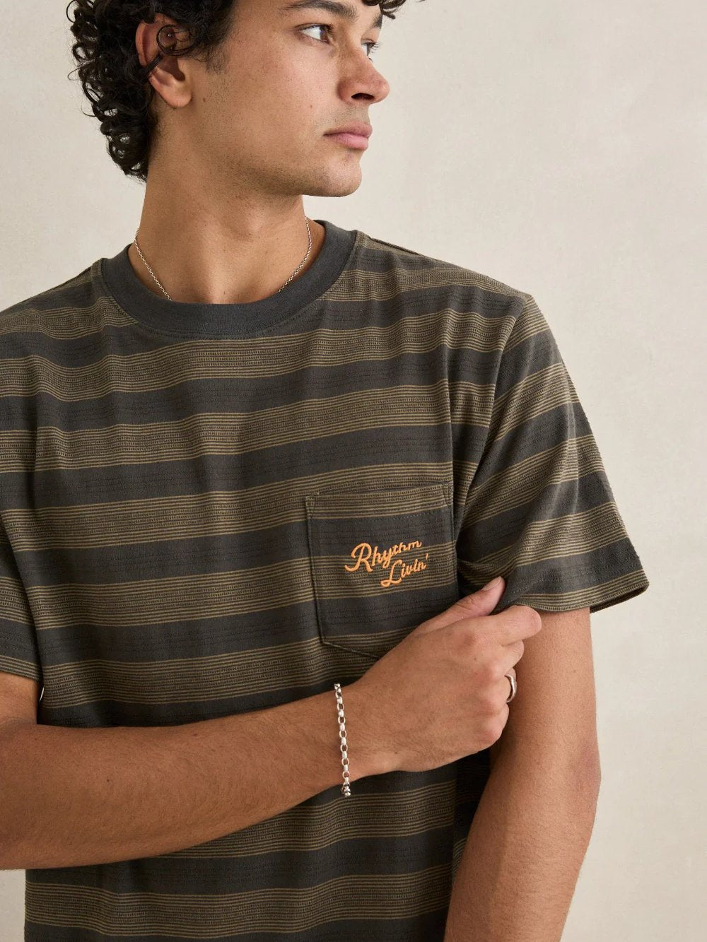 RHYTHM VINTAGE JACQUARD STRIPE T-SHIRT OLIVE