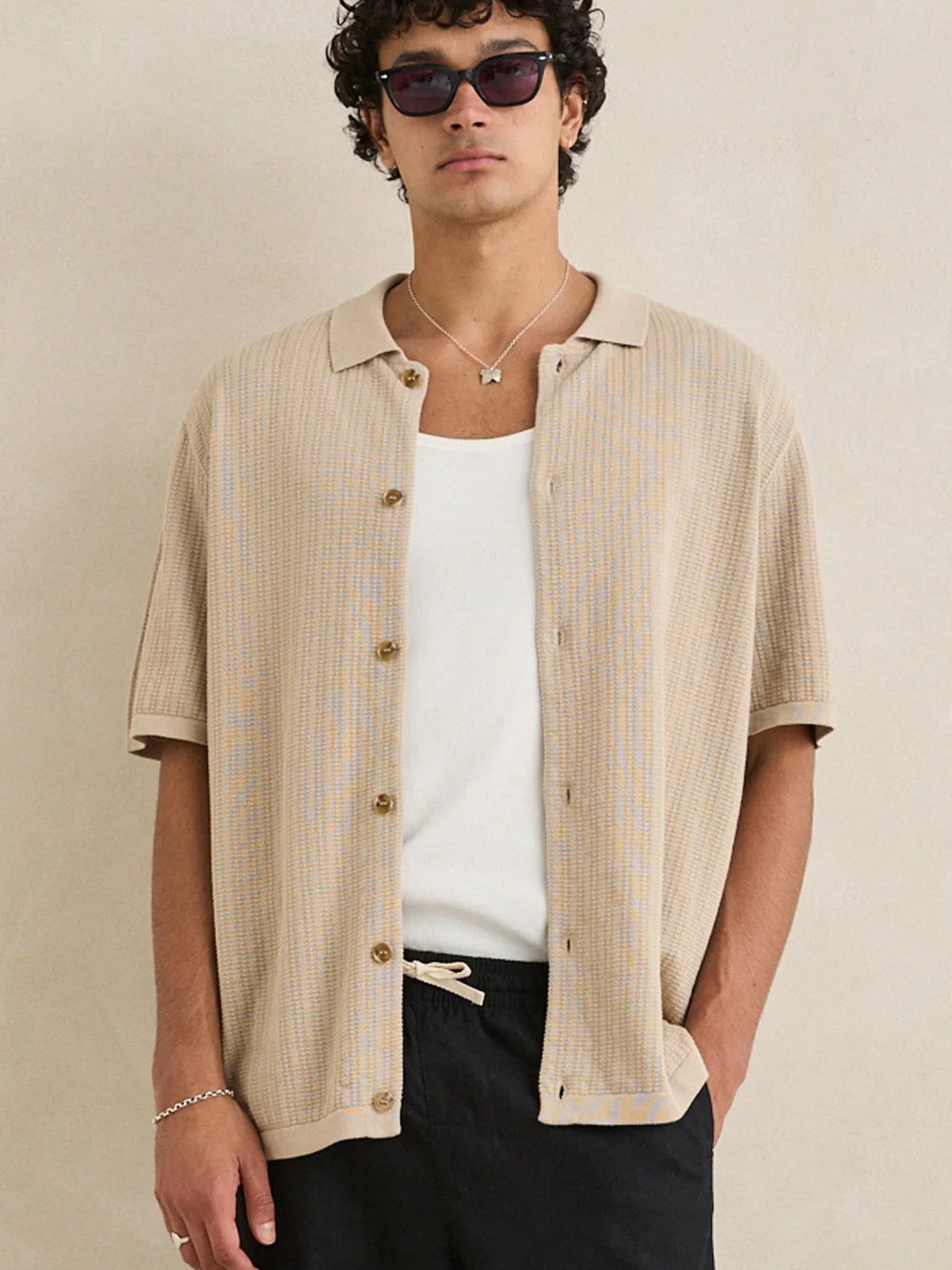 RHYTHM TEXTURED KNIT SHORT SLEEVE SHIRT STONE 