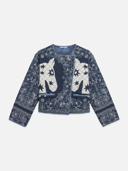 S&S REVERSIBLE PRINTED QUILTED JACKET HORSES BLUE