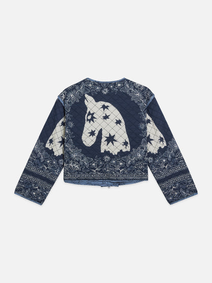 S&S REVERSIBLE PRINTED QUILTED JACKET HORSES BLUE