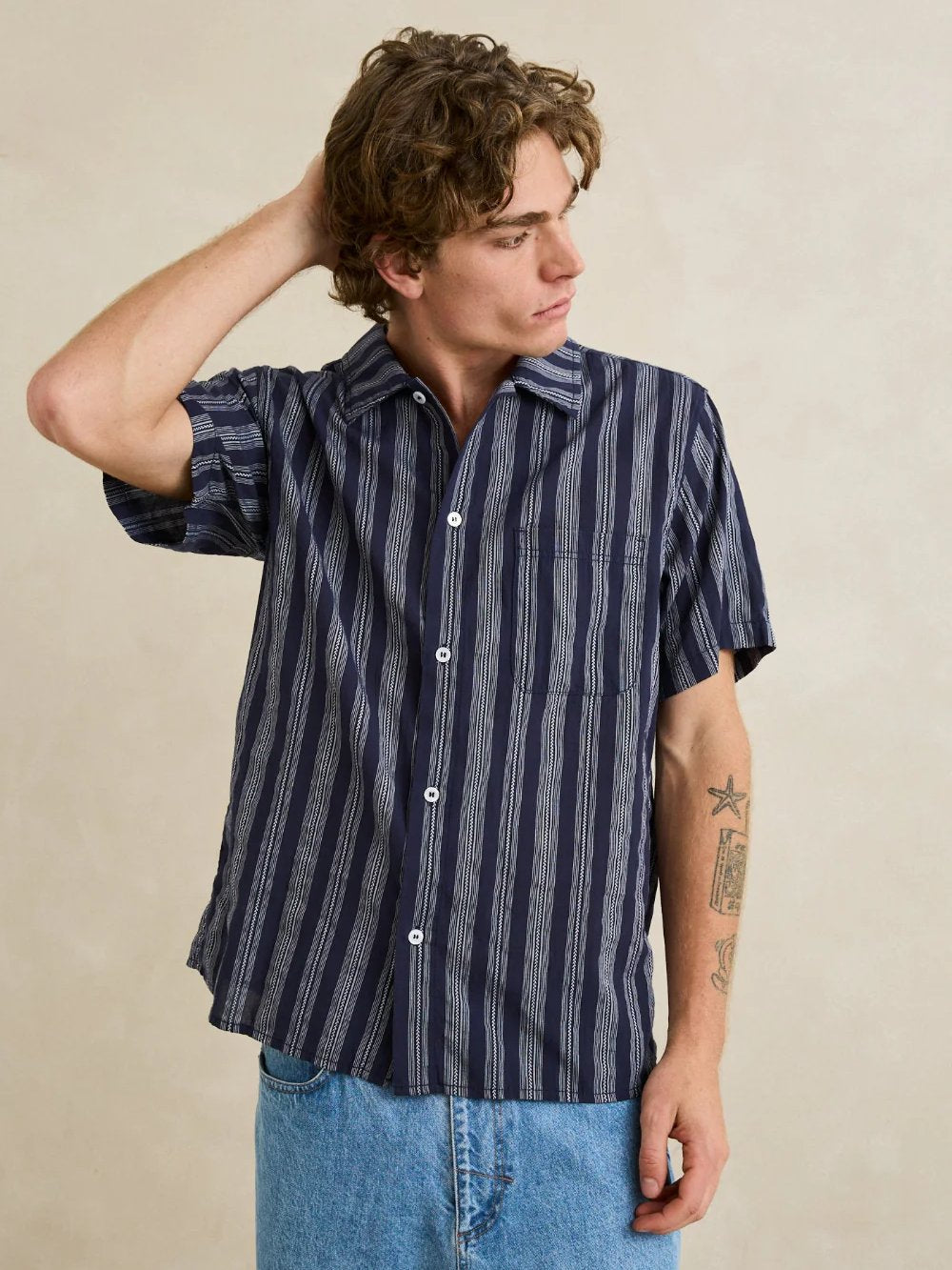 RHYTHM HARBOR STRIPE SHORT SLEEVE SHIRT NAVY 