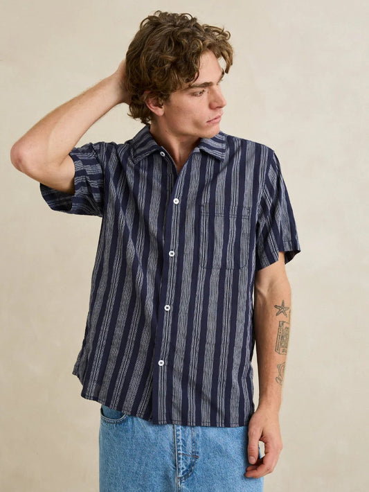 RHYTHM HARBOR STRIPE SHORT SLEEVE SHIRT NAVY 