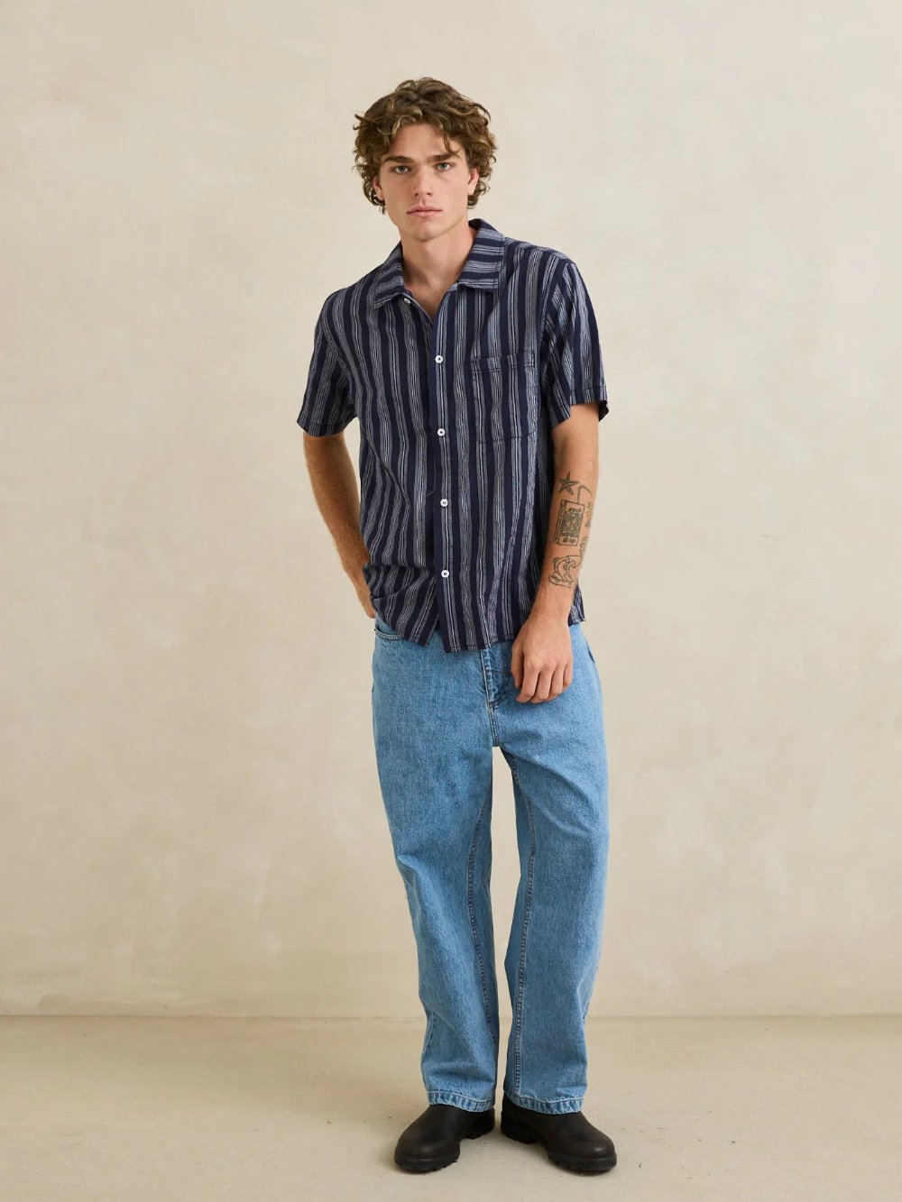 RHYTHM HARBOR STRIPE SHORT SLEEVE SHIRT NAVY 
