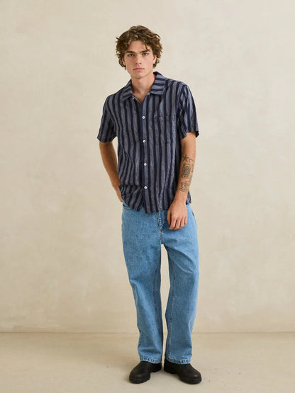 RHYTHM HARBOR STRIPE SHORT SLEEVE SHIRT NAVY 
