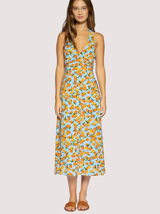 LOST + WANDER CITRUS SOIREE MIDI DRESS BLUE ORANGE 