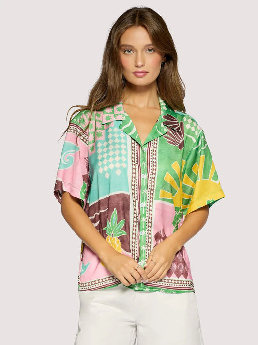 LOST + WANDER ISLA SPELL BUTTON DOWN SHIRT GREEN MULTI 