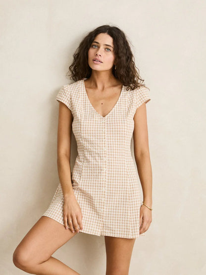 RHYTHM LONDON CHECK CAP SLEEVE MINI DRESS NATURAL