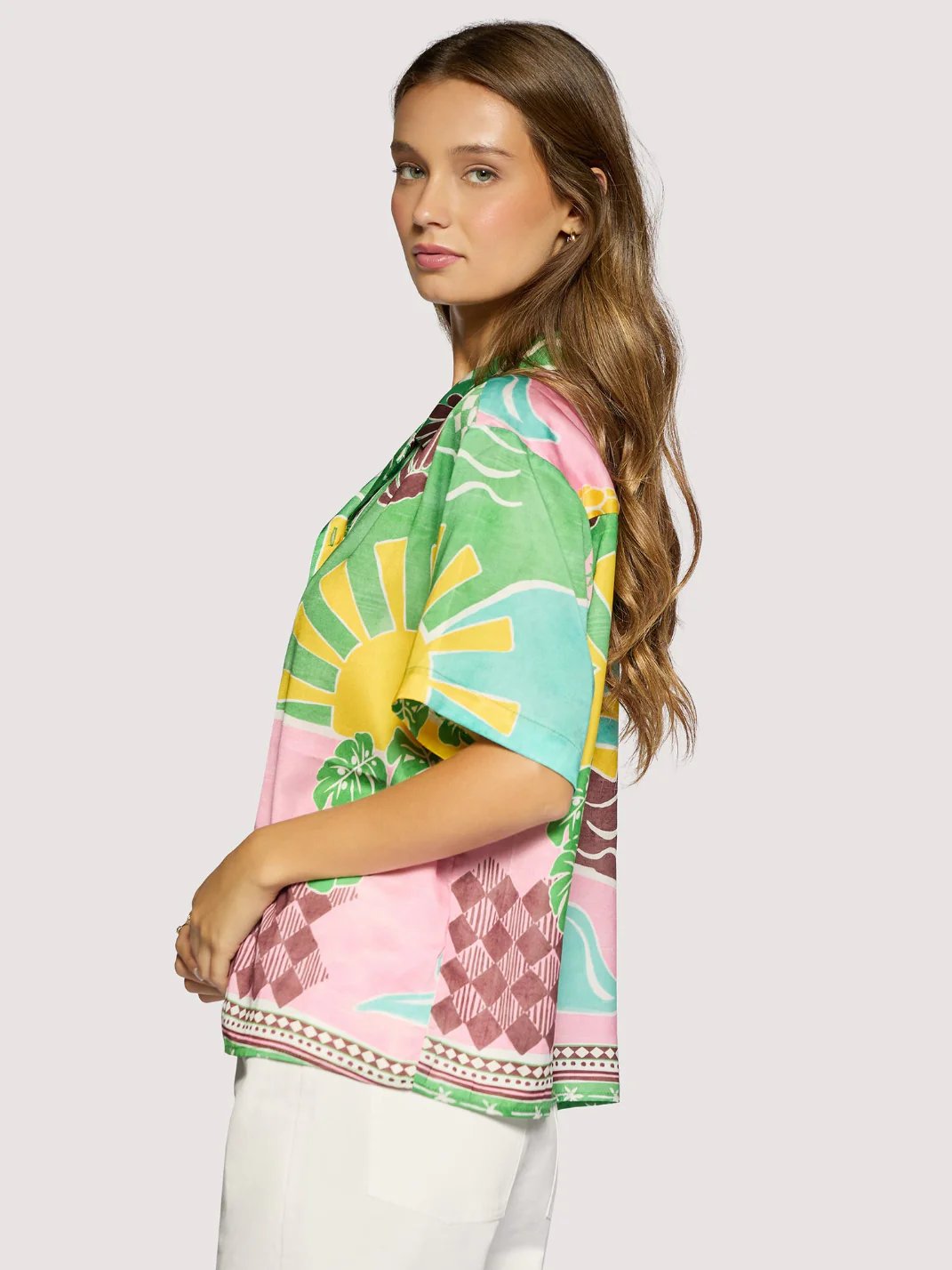 LOST + WANDER ISLA SPELL BUTTON DOWN SHIRT GREEN MULTI 