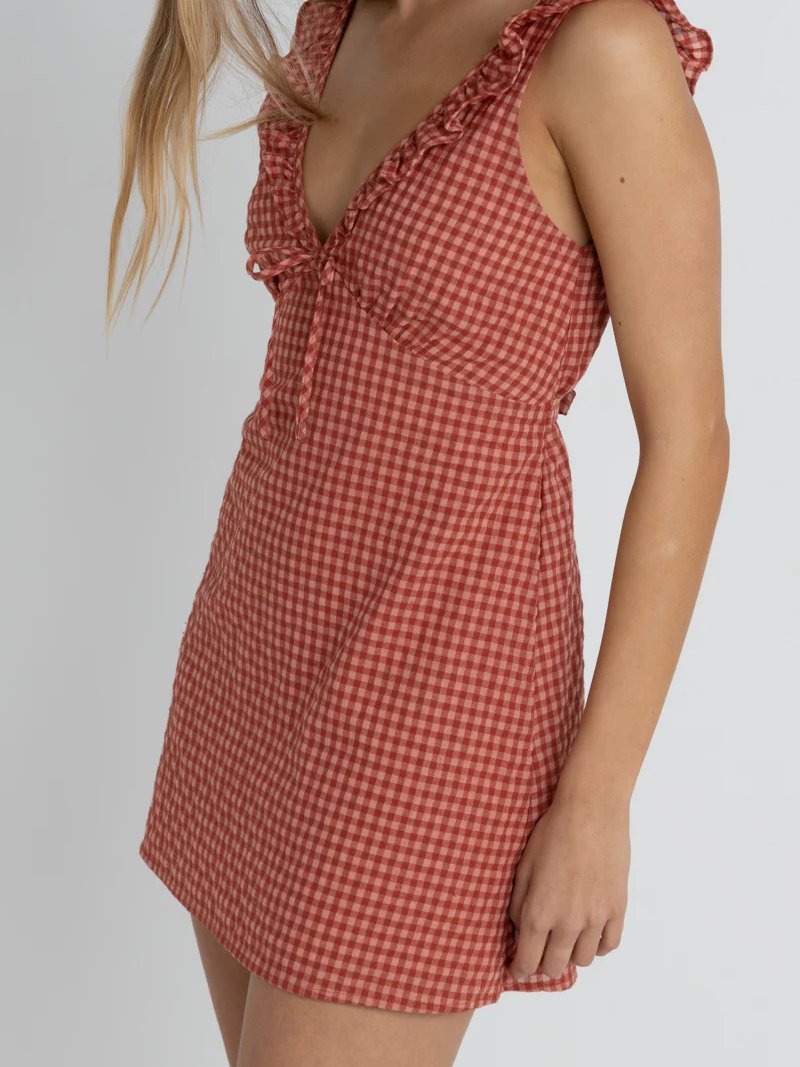 RHYTHM LOLA CHECK RUFFLE MINI DRESS RED