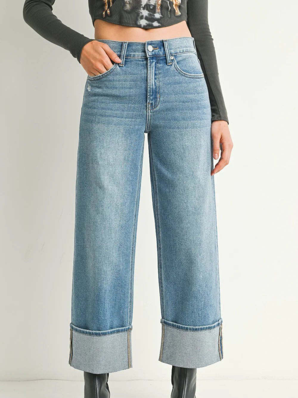 JUST BLACK DENIM PETITE CUFFED SLIM WIDE DENIM MEDIUM DENIM