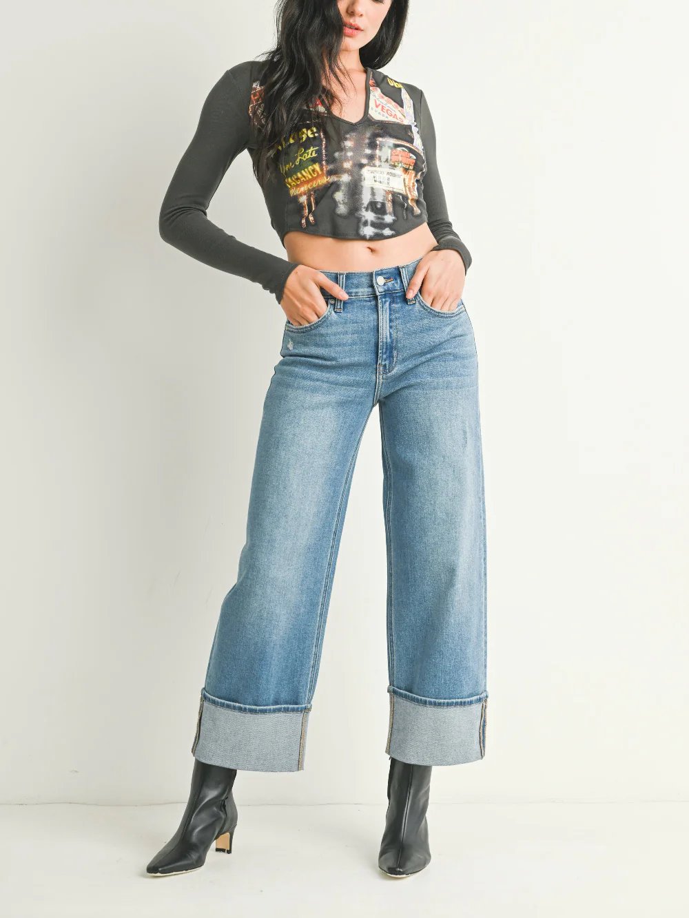 JUST BLACK DENIM PETITE CUFFED SLIM WIDE DENIM MEDIUM DENIM