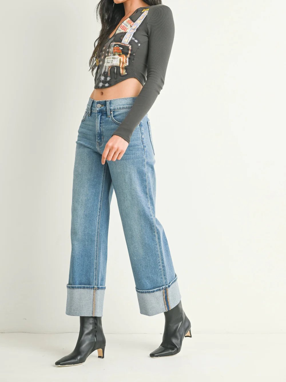 JUST BLACK DENIM PETITE CUFFED SLIM WIDE DENIM MEDIUM DENIM