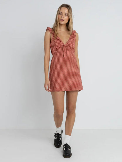 RHYTHM LOLA CHECK RUFFLE MINI DRESS RED