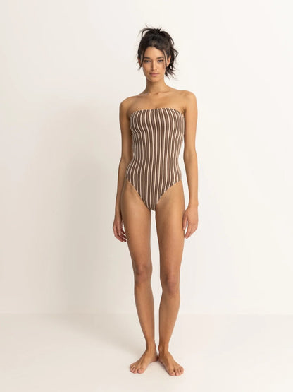 RHYTHM TERRY SANDS STRIPE STRAPLESS ONE PIECE COCOA