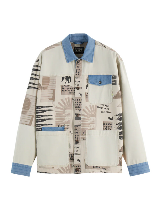 S&S PRINTED & WASHED COLOR BLOCK JACKET ART DEPT COLLAGE WHITE 