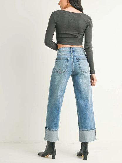 JUST BLACK DENIM PETITE CUFFED SLIM WIDE DENIM MEDIUM DENIM