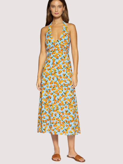LOST + WANDER CITRUS SOIREE MIDI DRESS BLUE ORANGE 