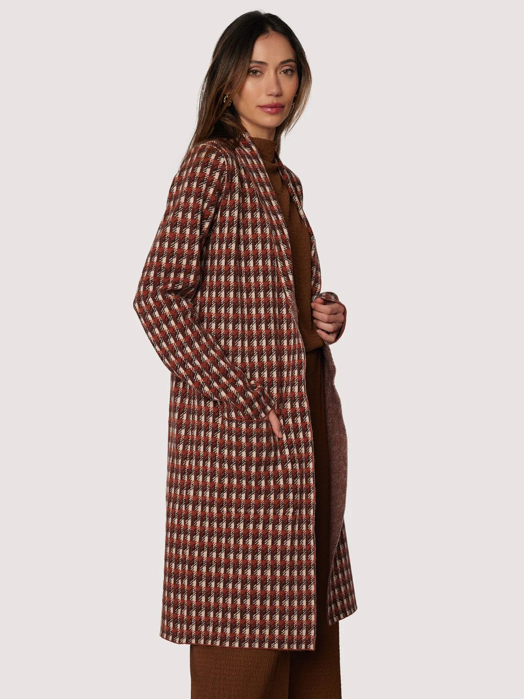 LOST + WANDER LORENZA CARDIGAN RUST BROWN PLAID 