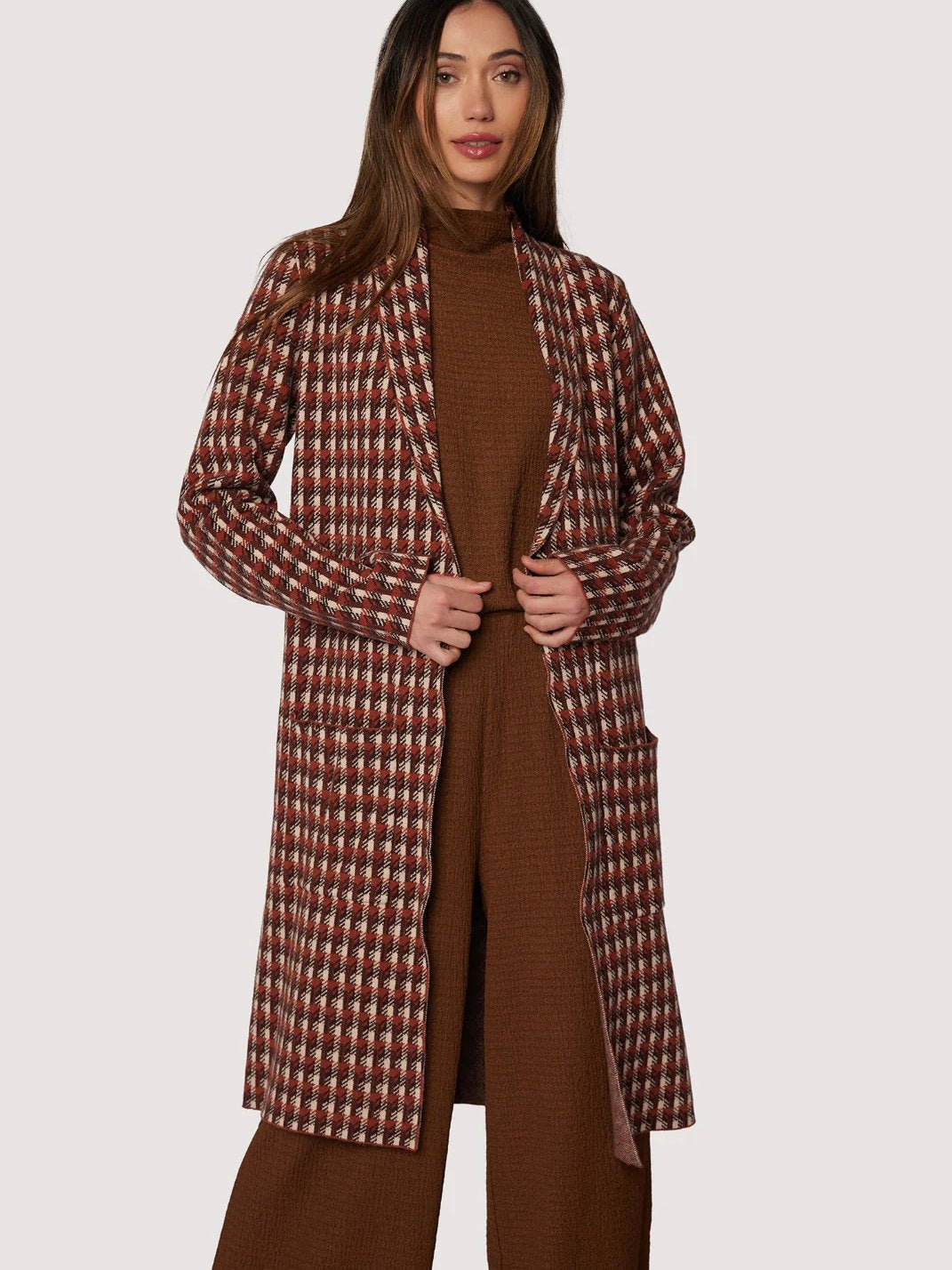 LOST + WANDER LORENZA CARDIGAN RUST BROWN PLAID 