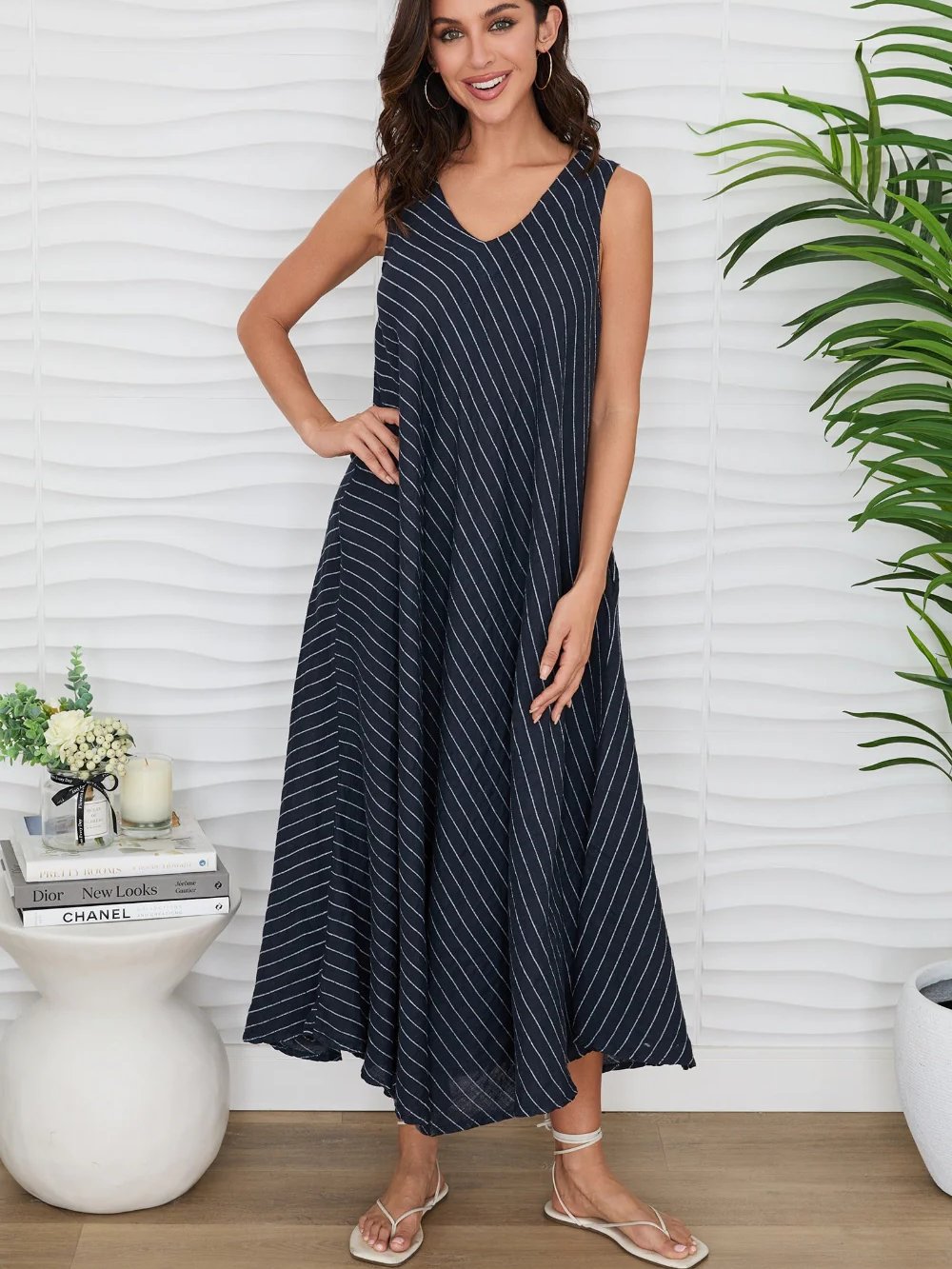 MILIO MILANO TEXTURED STRIPE LINEN MAXI TANK DRESS NAVY/WHITE
