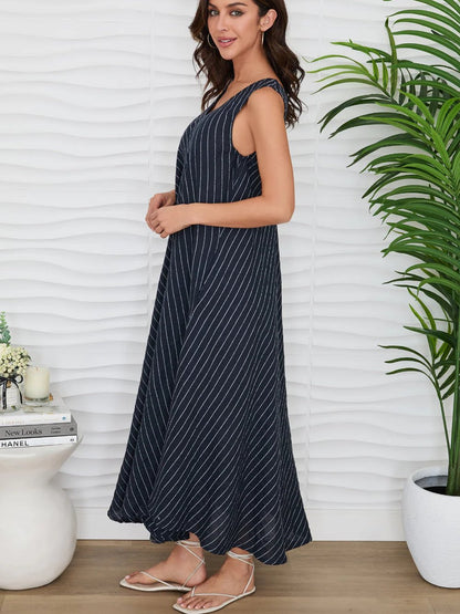 MILIO MILANO TEXTURED STRIPE LINEN MAXI TANK DRESS NAVY/WHITE
